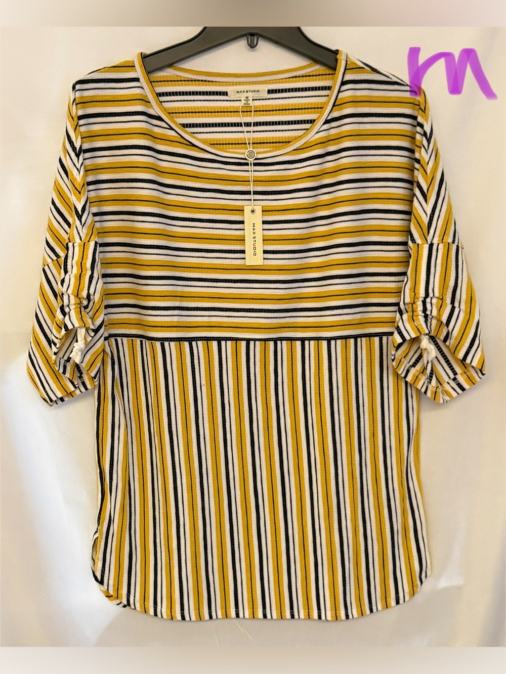 Max Studio Yellow White Black Striped Pull-On Top